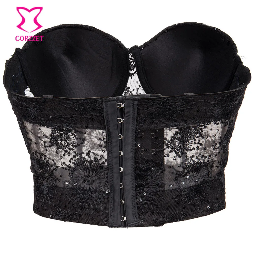 Черное готическое бюстье с цветочной вышивкой и блестками бюстгальтер пуш ап