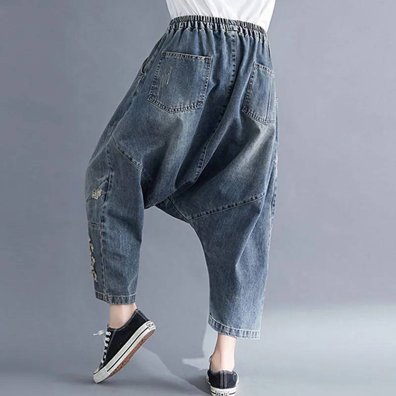 Большие размеры Винтаж рваные джинсовые брюки кросс женские летние бойфренд