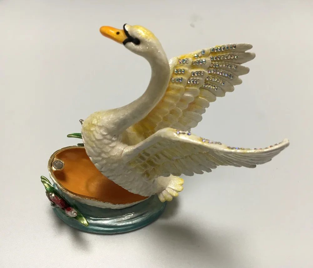 Swans Enameled Jewelry Trinket Box Crystal Swan Trinket Vintage Swans Gift Crafts Jewelry Box 9.5*9.8 CM