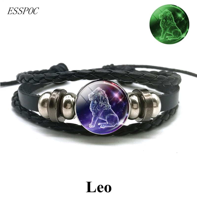 Светящийся 12 браслет Созвездие Близнецы Leo Libra Скорпион Стрелец кожаный браслет Знаки зодиака ювелирный браслет для мужчин - Окраска металла: Leo