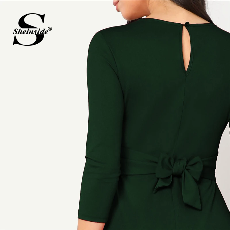 Sheinside, зеленое элегантное платье-карандаш, женское платье миди с поясом, осень, OL, для девушек, 3/4 рукав, рабочая одежда, однотонное, тонкое платье