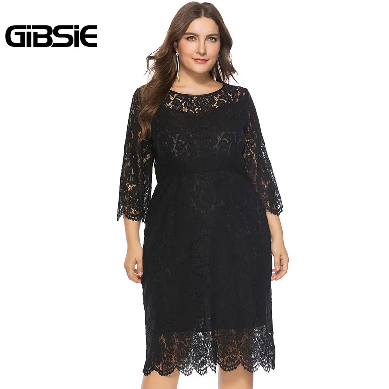 GIBSIE 6XL Для женщин элегантные кружевные вечерние платье Повседневное туника с рукавом три четверти Длина рукавами трапециевидной формы миди платье размера плюс Женская одежда