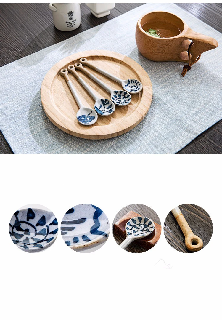 ANTOWALL 4Pcs ceramic spoon with long handle, tea coffee scoop dessert spoon blue and white porcelain spoon send random