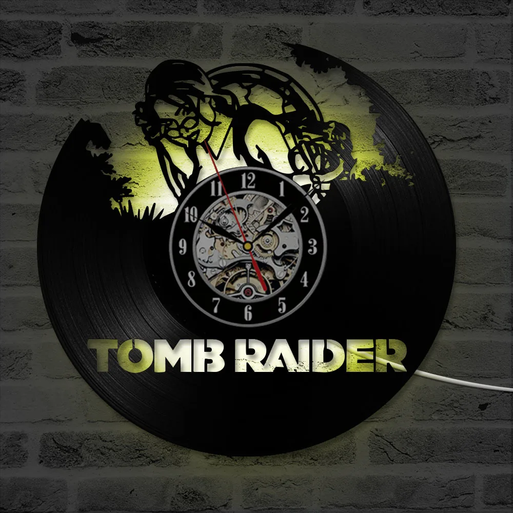 Tomb Raider CD пластинка настенные часы Креативный домашний декор Подвесные часы персонализированный подарок Античный стиль виниловый светодиодный настенные часы