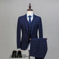 3 piece custom brand mens suits blue plaid style fashion slim fit blazers high quality wedding prom business male tuxedo