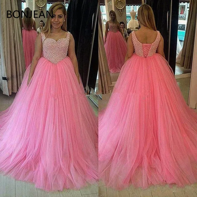 

Long Evening Dresses 2019 New With Beading Crystal Sexy Sweetheart Pink Tulle vestido de festa longo Formal Evening Gowns
