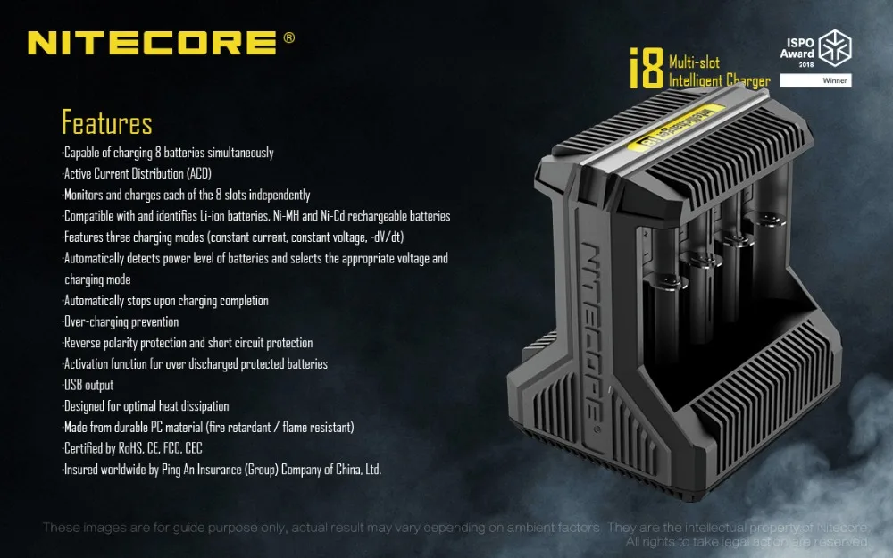 Nitecore i8 интеллектуальные Зарядное устройство 8 всего Слоты 4A Выход Smart Зарядное устройство для IMR18650 16340 10440 AA AAA 14500 26650 и устройство USB