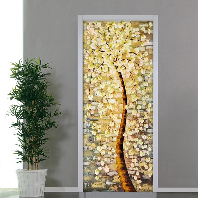 Декоративная наклейка на дверь с цветами и деревьями ПВХ водонепроницаемая