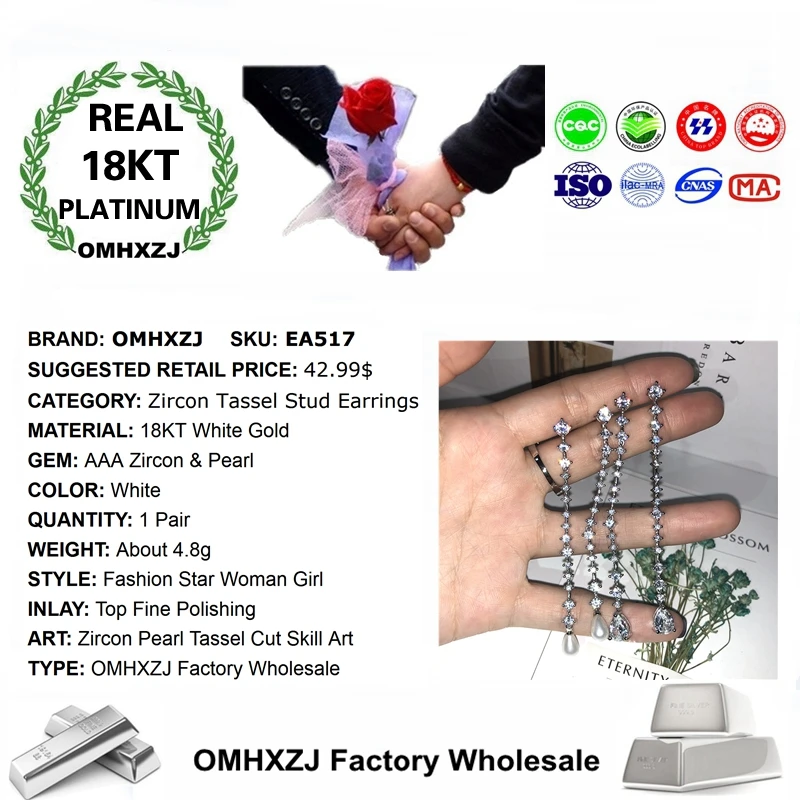 OMHXZJ Wholesale European Fashion Woman Party Birthday Wedding Gift Pearl Zircon Long Tassel 18KT White Gold Stud Earrings EA517 | Украшения