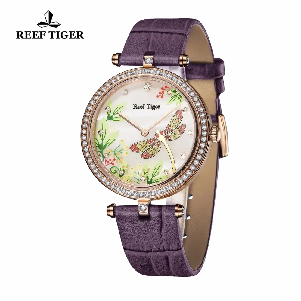 Риф Тигр/RT бриллиантами модные часы для Женская кожаная обувь ремешок кварцевые