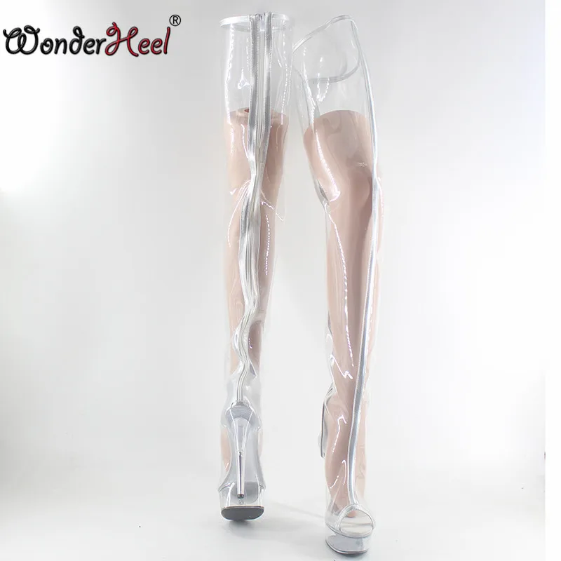 Wonderheel/Супер Высокий Каблук 15 см каблук с платформой прозрачный ПВХ женские промежности сексуальные фетиш сапоги прозрачной платформы выше колена