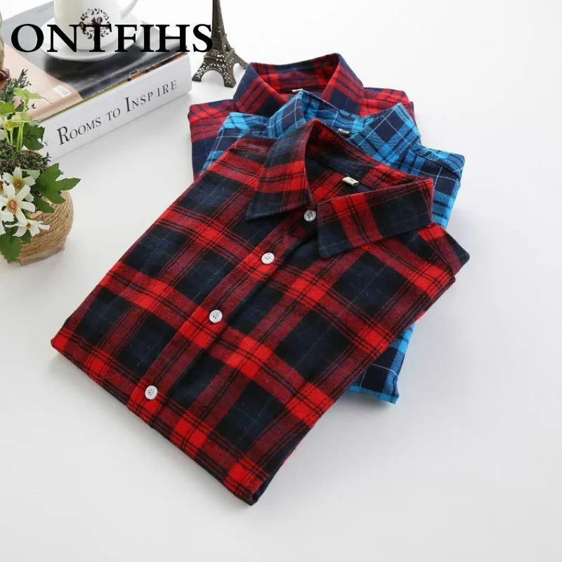 Плед хлопковая блуза Для женщин Повседневное Блузка с длинными рукавами