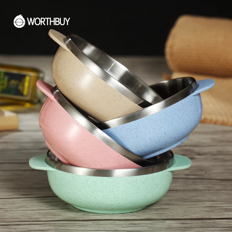 WORTHBUY, детская миска из пшеничной соломы, кухонная миска из нержавеющей стали 304, миска для супа, риса, салата для детей, для пикника, контейнер для фруктов, еды, коробка