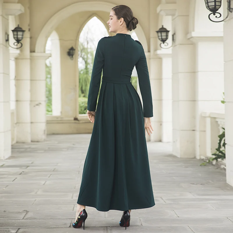 

Office Lady Fashion Double-breasted British Style Long Dress Long Sleeve Green Slim Women Long Dresses Women Burqa DZ2026