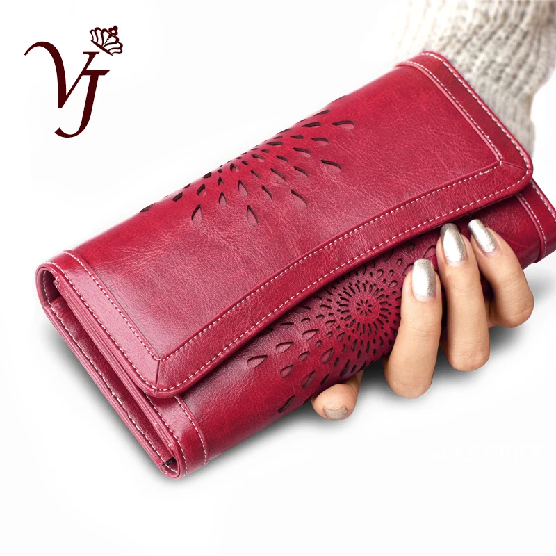

Fashion Luxury Women's Cow Leather Phone Wallet Retro Sunflower Hollow Out Card Holders Lady Elegant Purse Female Long Clutches