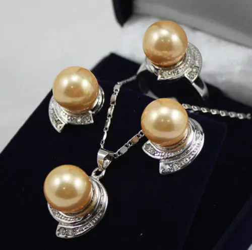 Женский свадебный 10 мм жемчуг с желтой раковиной серьги кулон кольцо набор