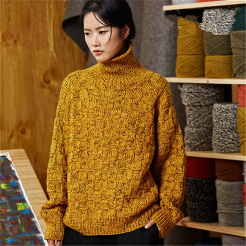 100%hand made pure wool turtleneck thick knit women streetwear loose H-straight pullover sweater one&ampover size | Женская одежда