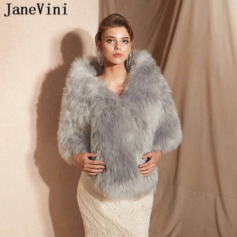 JaneVini Fashion Gray Shrug Bridal Faux Fur Shawls and Wraps Women Bolero Winter Warm Cloak Jackets for Prom Party Casaco Noiva | Свадьбы и
