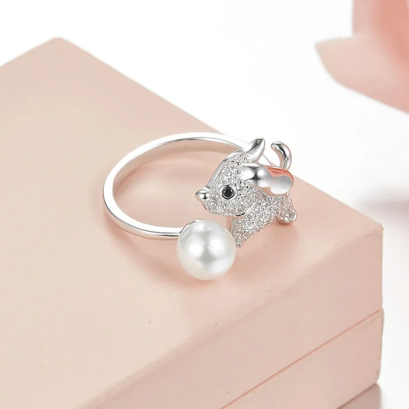 SLJELY кольцо с животными и собаками серебряное цирконом жемчугом Открытое для