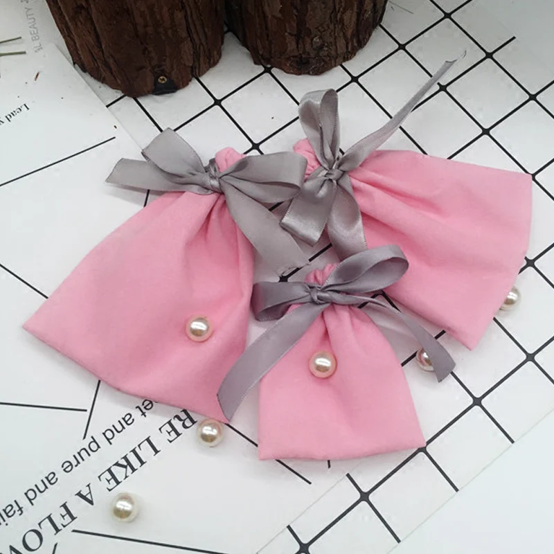 Розовые бархатные мешки 7x9 10x12 см с серой лентой ювелирные изделия свадебные