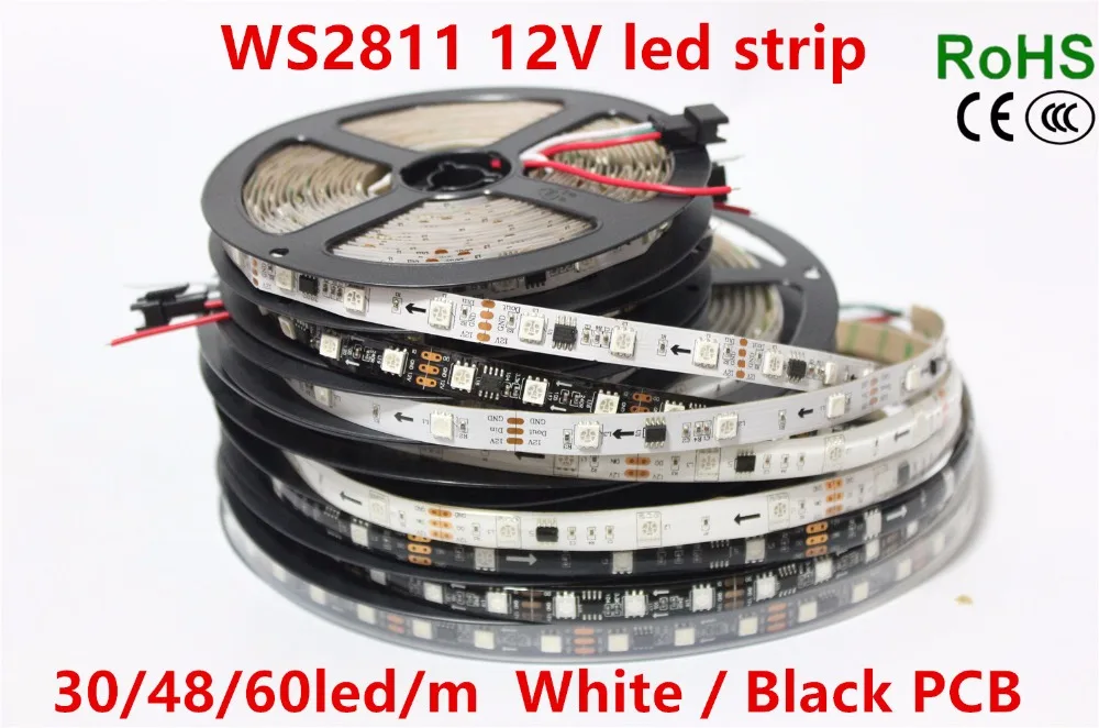 WS2811 Светодиодная лента 5 м 30/48/60 светодиодов/м 10/16/20 шт. ws2811 ic/meter DC12V белый/черный PCB