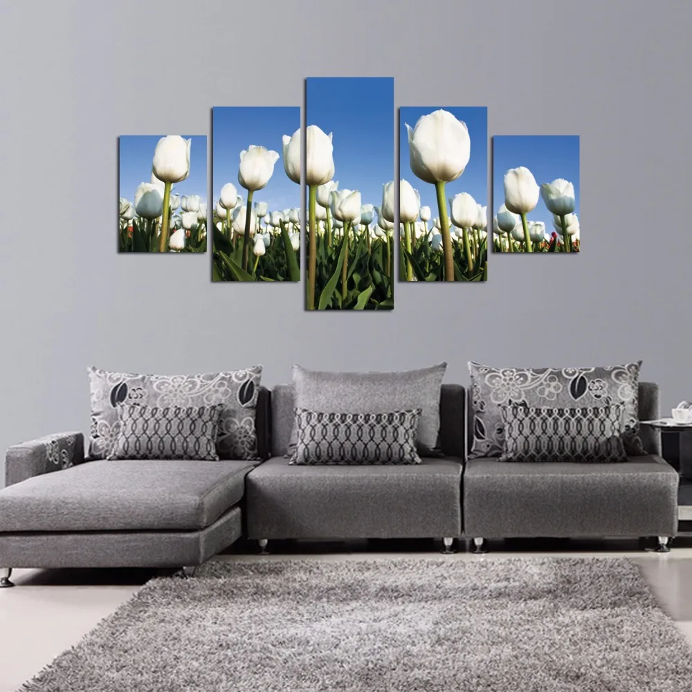 Top-Rated Canvas Print Pictures Modern Living Room Decor Framework Wall Art Draw 5 Pieces White Tulips Flower Modular Poster | Дом и сад