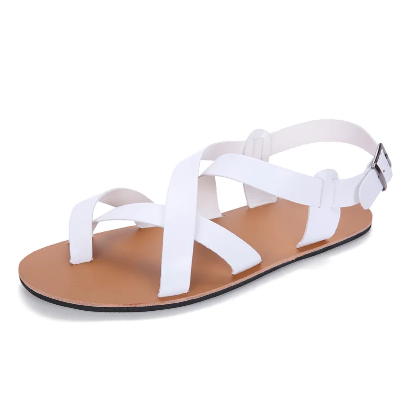 Мужские сандалии на плоской подошве коричневые однотонные кожаные гладиаторы с