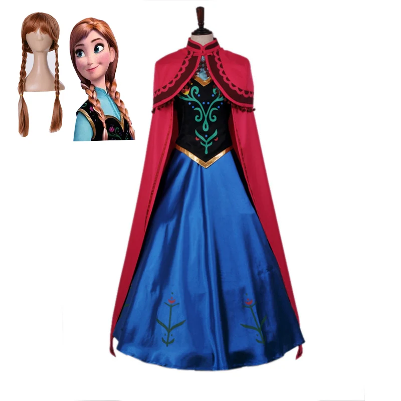 dress with wig Длинное платье принцессы Анны из мультфильма «Холодное сердце» для взрослых на Хэллоуин, плащ, карнавальный костюм для женщин, Анимационный Костюм с париком JQ-1373 - Цвет: dress with wig