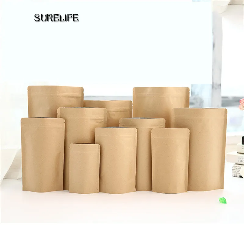 50pcs Stand up Kraft Paper Ziplock Bag Mylar Foil Packaging Bag High Barrier Kraft Paper Zipper Coffee Bag Gift Bag