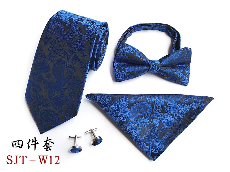 Neck Tie Set 4 шт. Мужской Жаккардовый набор галстуков овальные запонки галстук-бабочка галстук для свадебной вечеринки Карманный квадратный носовой платок Hanky - Цвет: Neck Tie Set