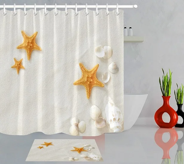 Curtain and Mat Чистый пляж желтый Морская звезда белая раковина милый корпус Душ занавеска лайнер и коврик набор ванная комната водонепроницаемый ткань для ванной Декор - Цвет: Curtain and Mat