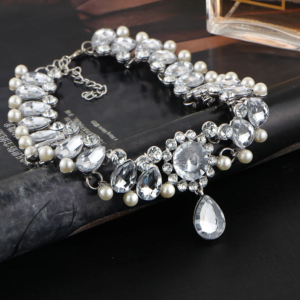 Женское ожерелье с подвеской в виде капли воды серебристого цвета|pearls necklace