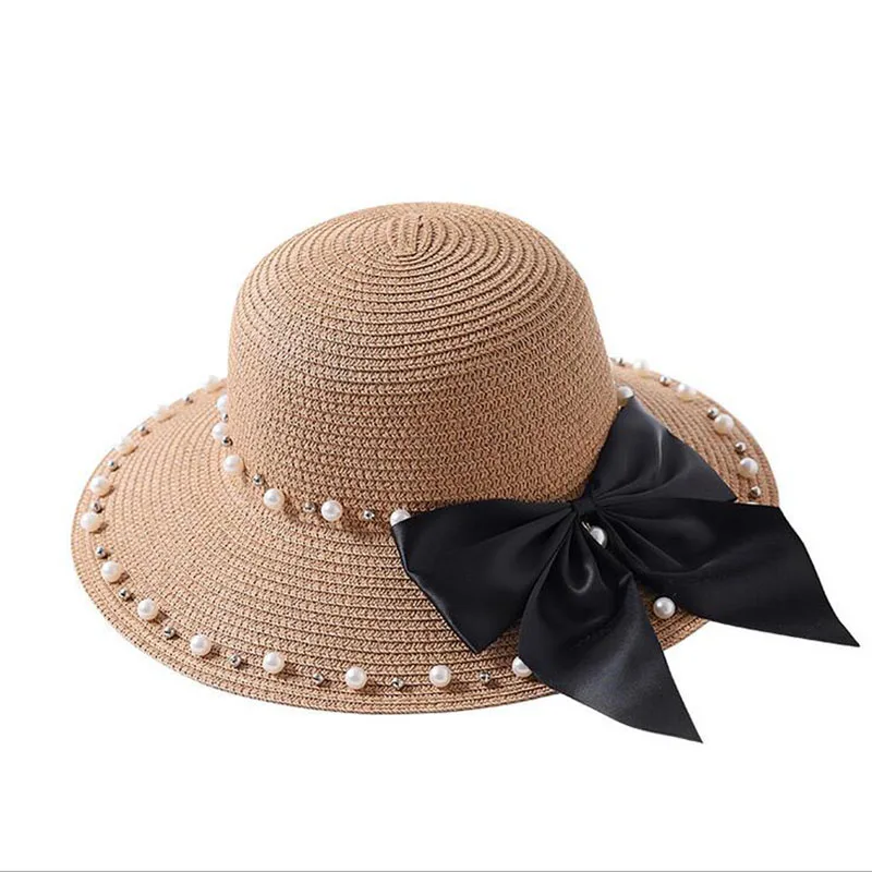 

Hot Fashion Female Casual Solid Color Simple Caps Hats Women Sun Hat Bow Pearl Adult Children straw hat Parent-child Caps