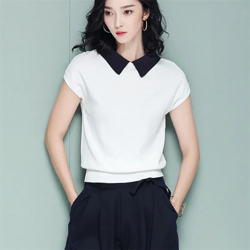 

Women's shirt Summer top Ice Silk Short-Sleeve Lapel Short Slim Front Back Wear Bottoming Top Positive wear soft Ice slip toning