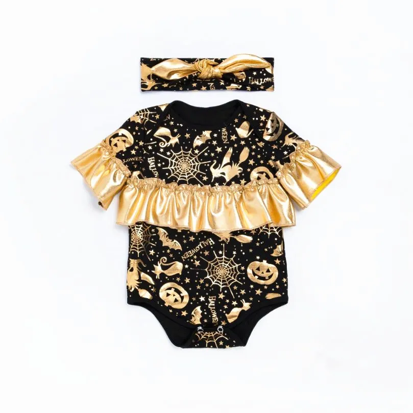 Хэллоуин комбинезон для новорожденных с тыквой принты рюшами на рукавах черные