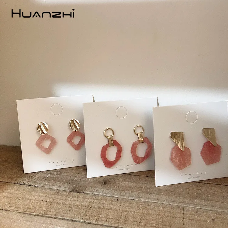 Серьги HUANZHI женские розовые акриловые геометрические полупрозрачные корейские