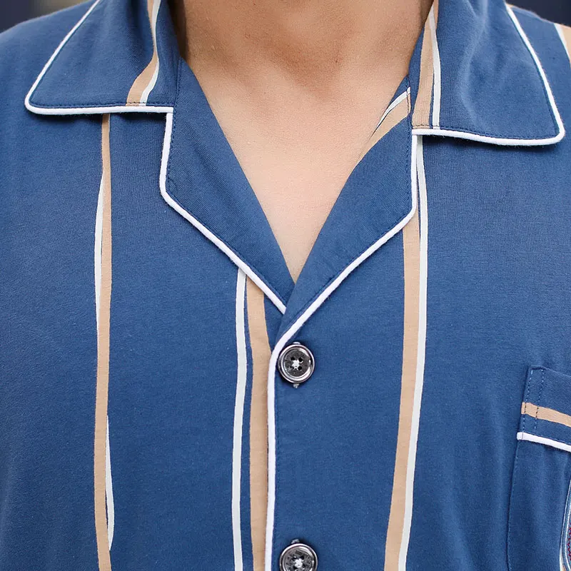 Sleep Suit Men Spring Autumn Cotton High Quality Brand Pajama Set Men Long Sleeve Blue Color Stripe Sleepwear Pajama Male
