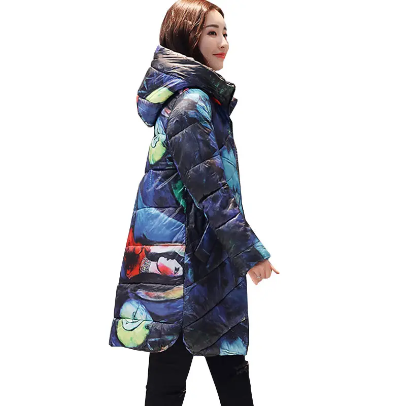 

Ukraine Hooded Printed Thicker Winter Down Cotton Jacket Women Long Coat 2018 new Plus size padded Coats Casual Female Parka 402