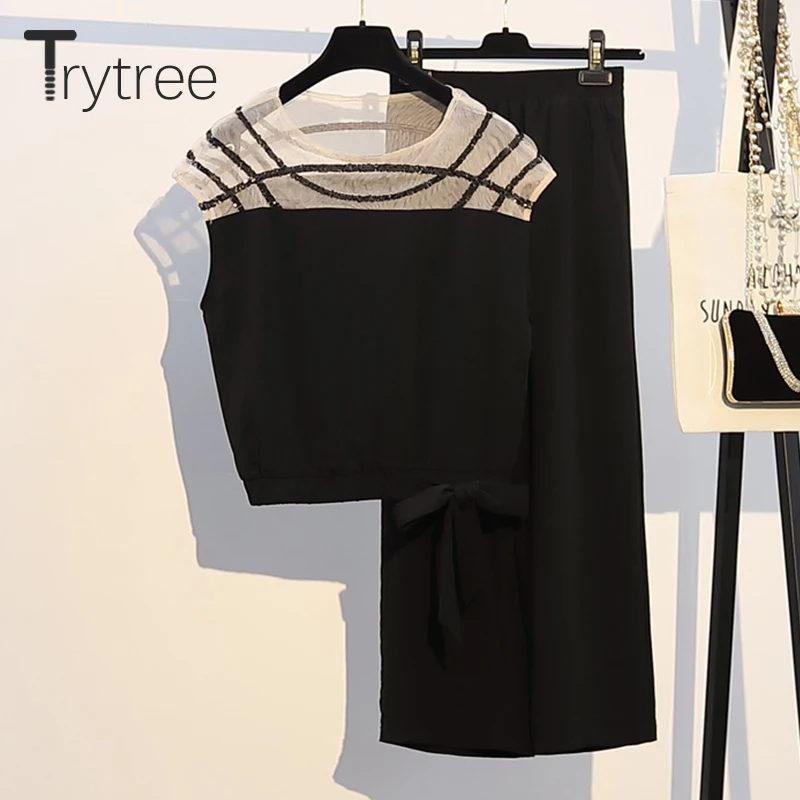Trytree/летний женский костюм из двух предметов повседневный топ с круглым вырезом и