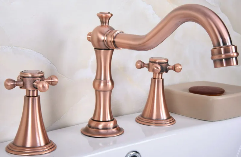 

Basin Faucets Antique Red Copper 3 Hole Bathroom Sink Faucet Double Handle Deck Mounted Bathtub Hot Cold Mixer Tap zrg073