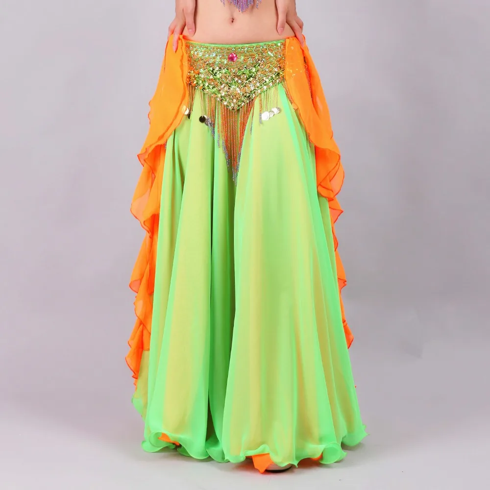 Green Orange Живота Танцы юбки Для женщин Полу-Длина 2 Слои шифоновая юбка, костюм для танца живота Восточный Костюм Юбка для танца живота(без ремня - Цвет: Green Orange
