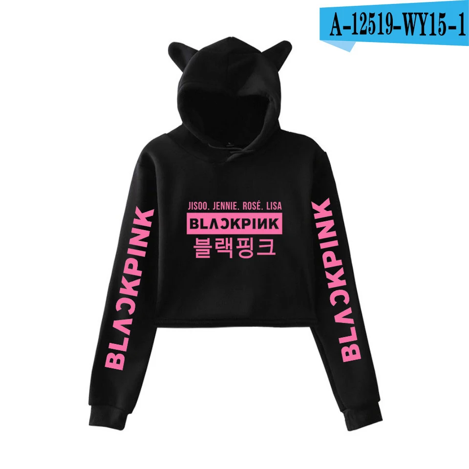 Blackpink harajuku Cat Ear Cap Hoodies fashion trend sala Cat Crop Top Women Hoodies Sweatshirt Sexy hot Kpop Clothes - Цвет: black