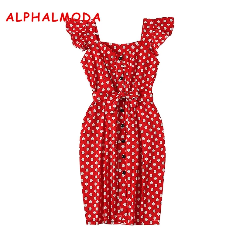 Женское платье рубашка в горошек ALPHALMODA с карманами и рукавами лепестками