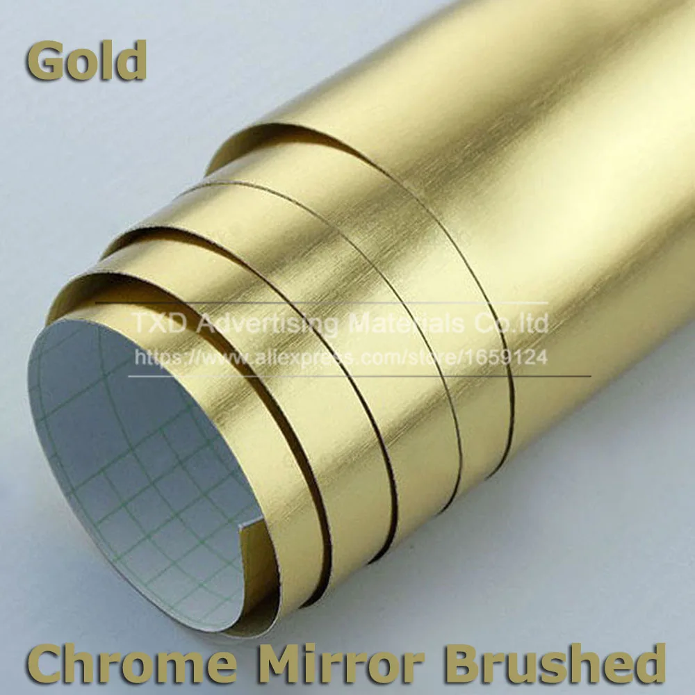 

30X152CM/Lot Gold Chrome Mirror Brushed Vinyl Sticker with air free bubbles Chrome brushed Film Gold mirror brushed sticker