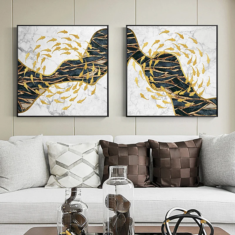 

Abstract Chinese Golden Fish River Black and White Creative Canvas Painting Wall Art For Living Room Dining Room Home Decor HD