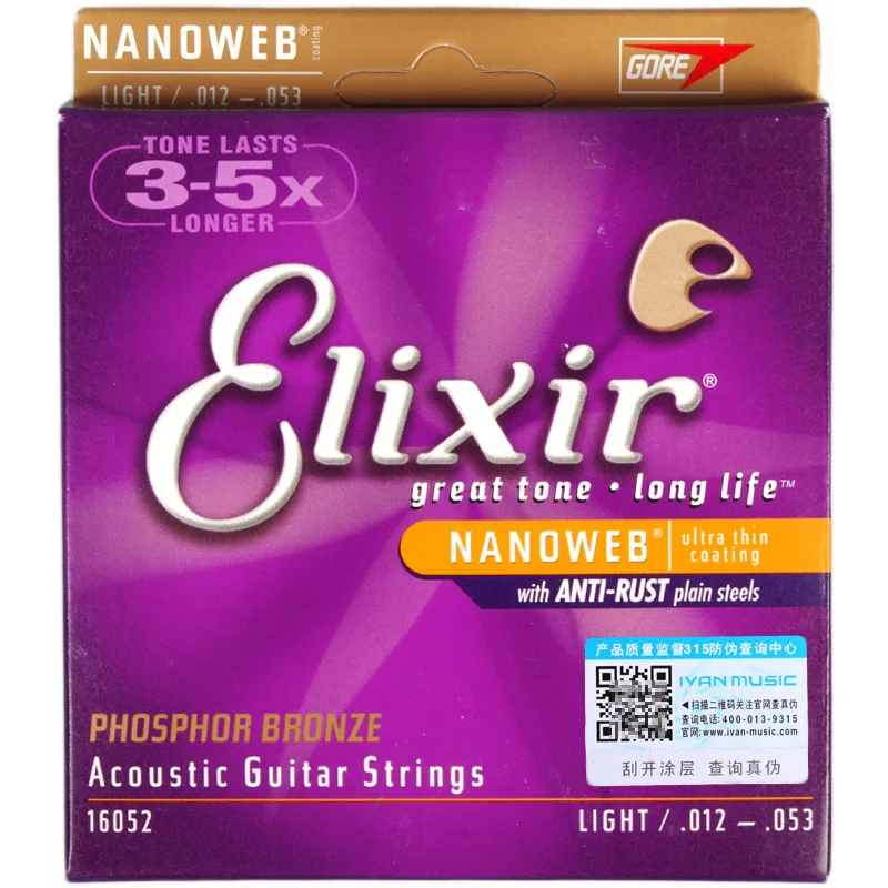 Elixir 16052 акустическая Фосфорная бронза с NANOWEB покрытие светильник 12-53
