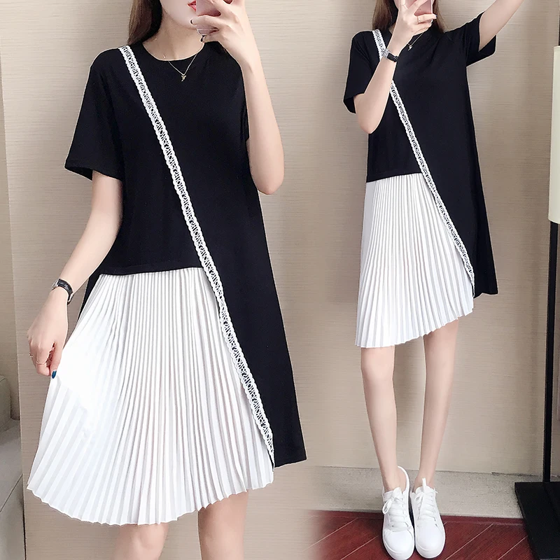 Женское свободное платье с коротким рукавом и круглым вырезом черное синее