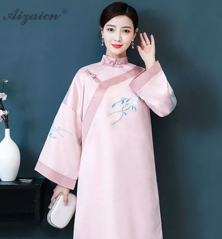 Hanfu, новинка, летнее, с вышивкой, современное, чонсам, розовое, Qi Pao, женское, традиционное, китайское платье, Ципао, повседневное, Восточный стиль