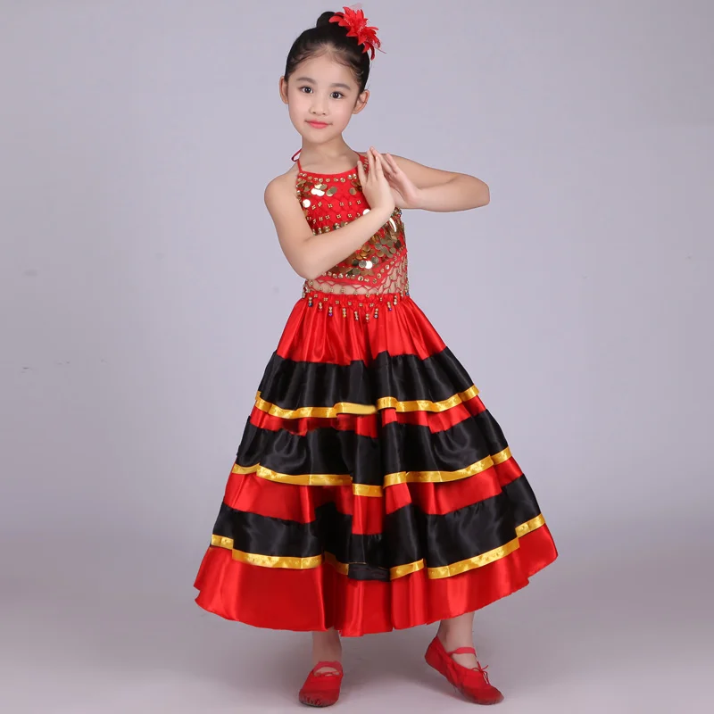 

2019 Kids Flamengo Spanish Dress Girls Sequin Sling Vest Red Long Skirts Flamenco Costume Children Ballroom Stage Wear DNV11147