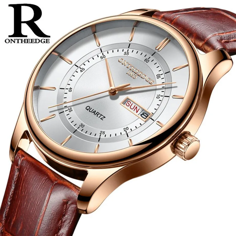 Enlarge High Quality Rose Gold Dial Watch Men Leather Waterproof Watches Business Fashion Japan Quartz Movement Date Male Clock reloj